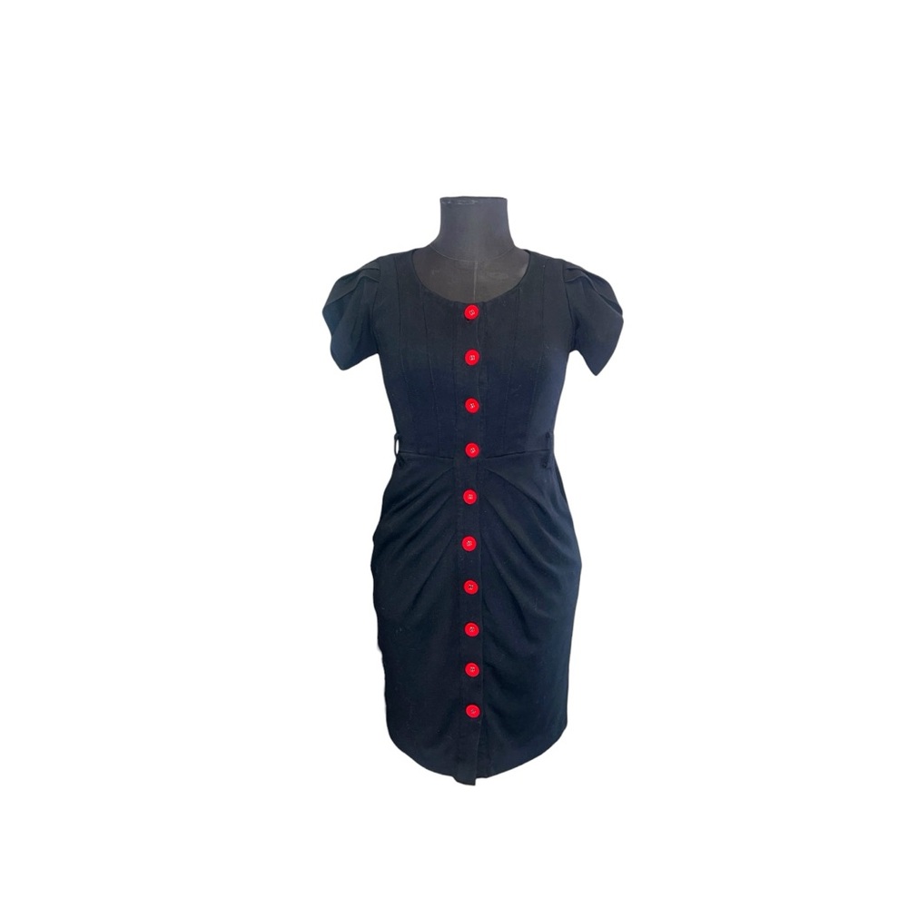 🖤 𝐌𝐀𝐑𝐂 𝐉𝐀𝐂𝐎𝐁𝐒 Silk-Blend Ruched Button Dress w/ Red Buttons (Navy